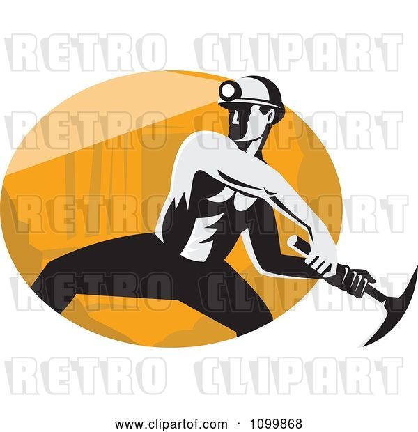 Vector Clip Art of Retro Coal Miner Swinging a Pick Ax over an Oval