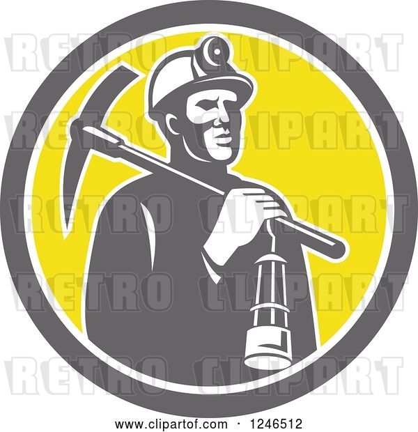 Vector Clip Art of Retro Coal Miner with a Lantern and Pickaxe in a Circle