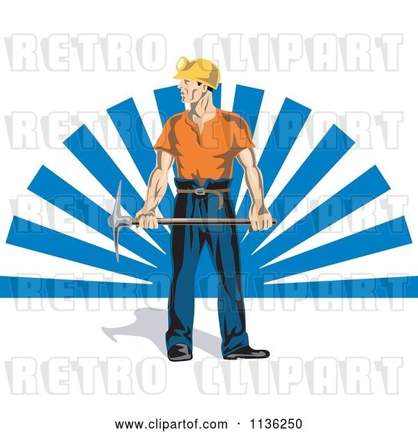 Vector Clip Art of Retro Coal Miner Worker Holding a Pickaxe over Blue Rays