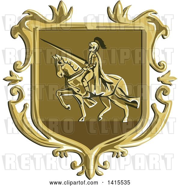 Vector Clip Art of Retro Coat of Arms of a Horseback Knight in Full Armor, Holding a Lance