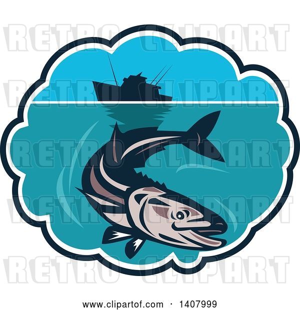 Vector Clip Art of Retro Cobia Fish Swimming Below a Silhouetted Fishing Boat in a Bubble Frame