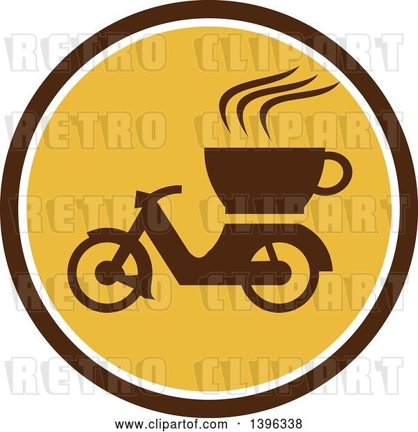 Vector Clip Art of Retro Coffee Moped in a Brown White and Yellow Circle