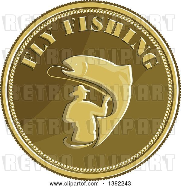 Vector Clip Art of Retro Coin of a Fly Fisher Man and Trout