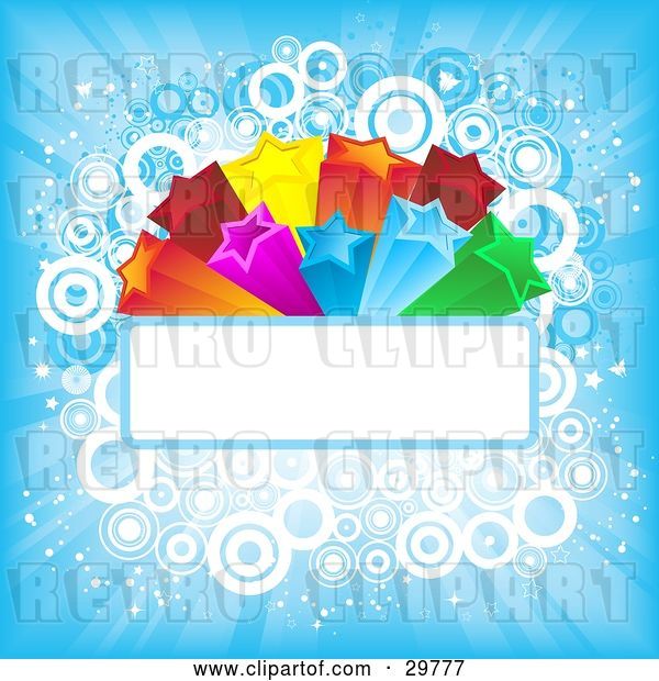 Vector Clip Art of Retro Colorful Orange, Red, Pink, Yellow, Green and Blue Bursting Stars on a Blank Text Bar over a Blue Background of Light Rays and Circles