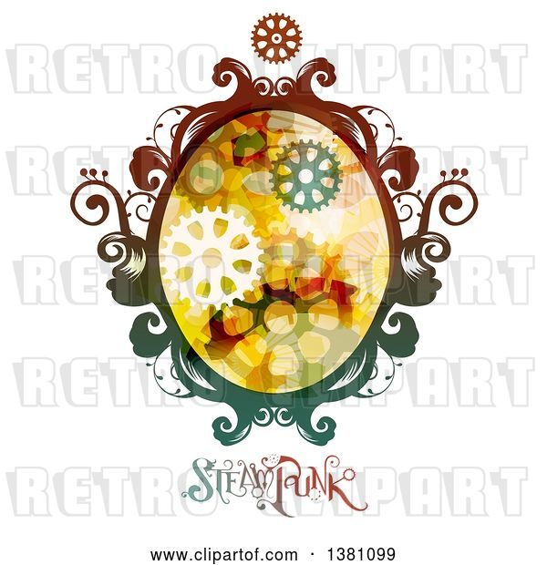 Vector Clip Art of Retro Colorful Oval Steampunk Frame with Gears and Text