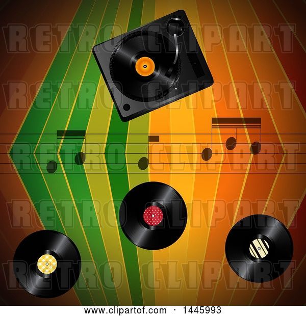 Vector Clip Art of Retro Colorful Stripes Background with Music Notes and Vinyl Records