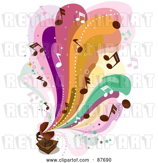 Vector Clip Art of Retro Colorful Waves and Music Notes Flowing out of a Gramophone