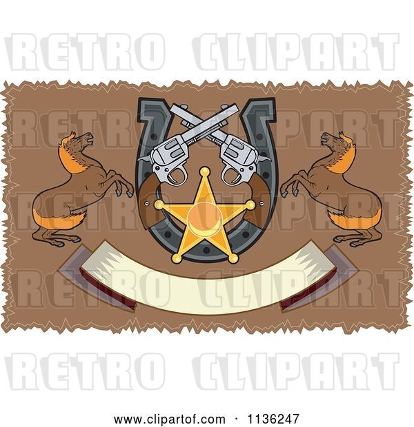 Vector Clip Art of Retro Colt 45 Pistols Sheriff Star Horses Shoe and Banner on Brow