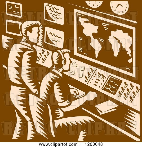 Vector Clip Art of Retro Command Center Control Room with Two Male Operators in Brown Woodcut