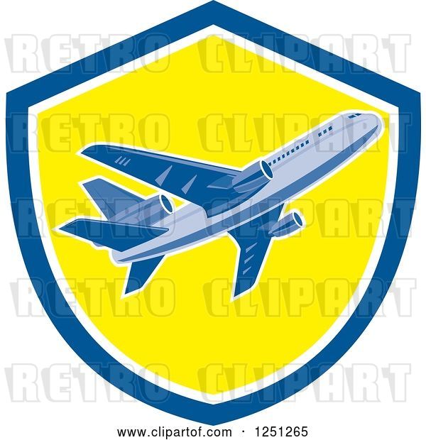 Vector Clip Art of Retro Commercial Airliner in a Blue and Yellow Shield