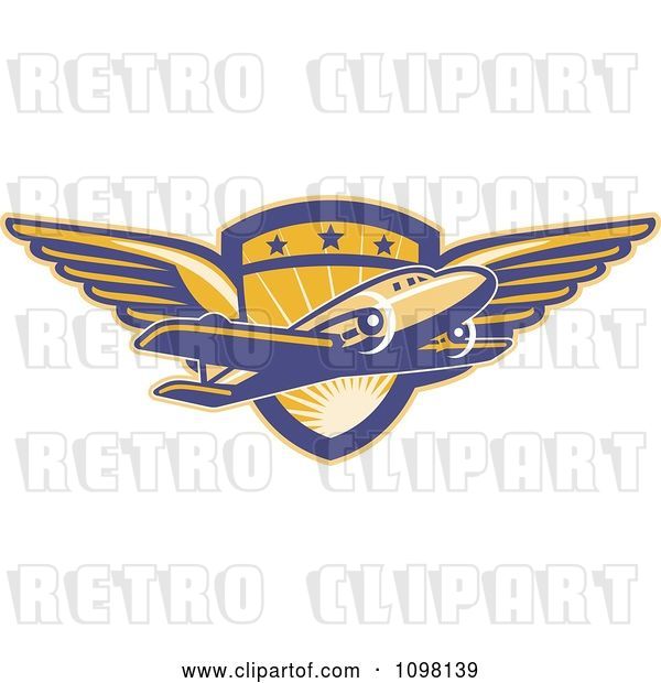 Vector Clip Art of Retro Commercial Airliner Plane over a Winged Pilot Shield