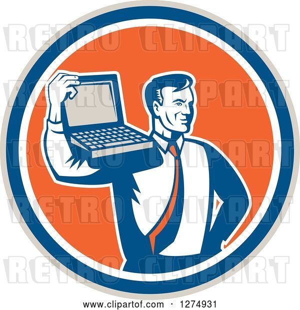 Vector Clip Art of Retro Computer Repair or Businessman with a Laptop on His Shoulder in a Taupe Blue White and Orange Circle