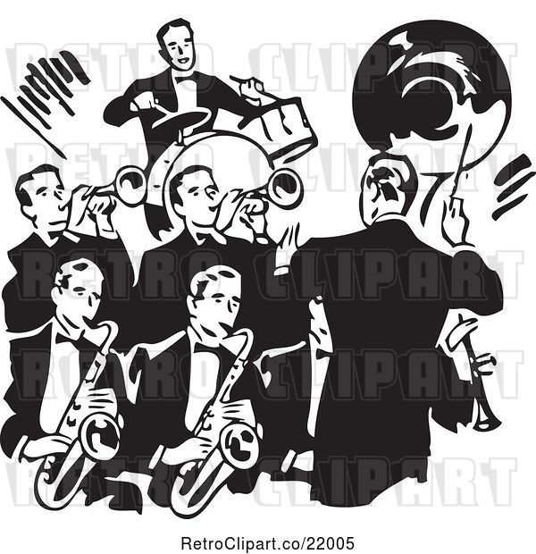 Vector Clip Art of Retro Conductor Leading a Band of Men