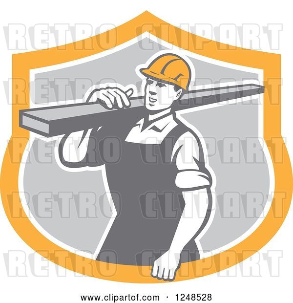 Vector Clip Art of Retro Construction Worker Carrying a Beam in a Shield