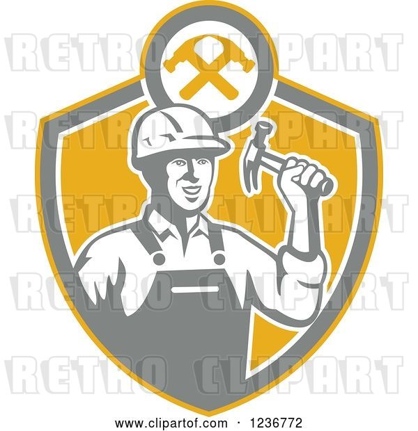 Vector Clip Art of Retro Construction Worker Guy Holding a Hammer in a Shield