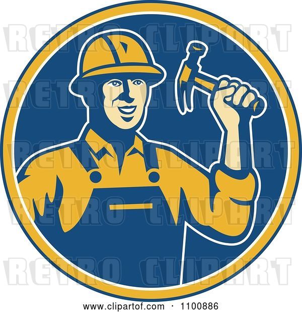 Vector Clip Art of Retro Construction Worker Holding a Hammer in a Blue Circle