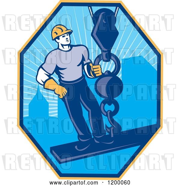 Vector Clip Art of Retro Construction Worker on a Girder Being Hoisted in a Hexagon