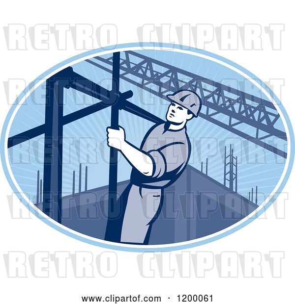 Vector Clip Art of Retro Construction Worker on Scaffolding in a Blue Oval