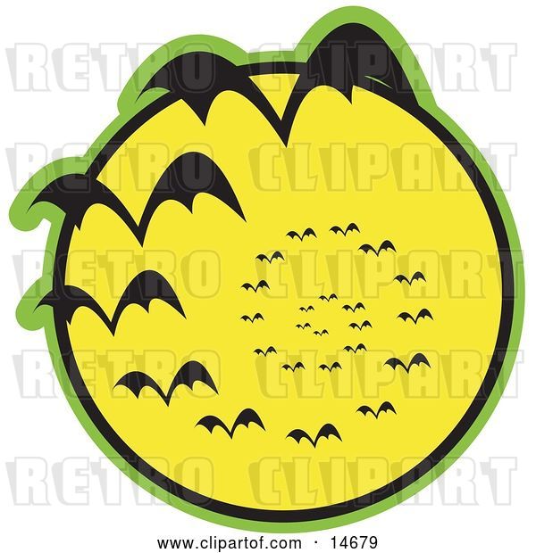 Vector Clip Art of Retro Continuous Vortex Spiral of Vampire Bats Flying in Silhouette Against a Bright Full Yellow Moon and Slowly Disappearing in the Distance Clipart Illustration