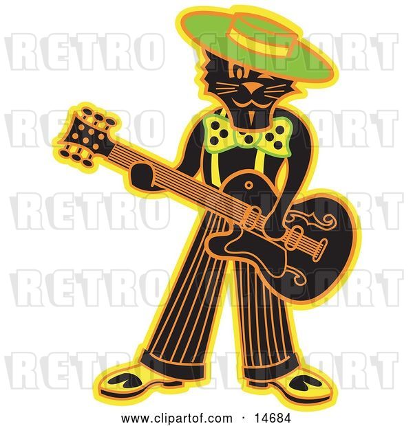 Vector Clip Art of Retro Cool Black Cat Playing a Guitar Clipart Illustration