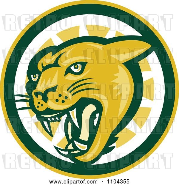 Vector Clip Art of Retro Cougar Hissing over a Green Yellow and White Circle
