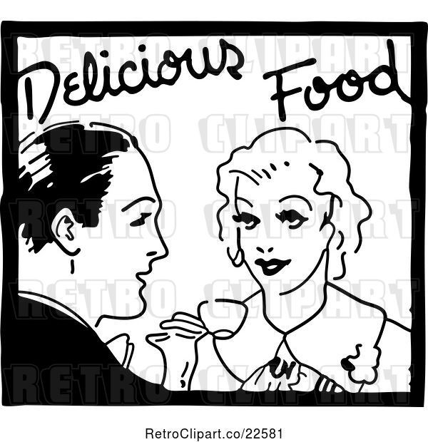 Vector Clip Art of Retro Couple and Delicious Food Service Sign