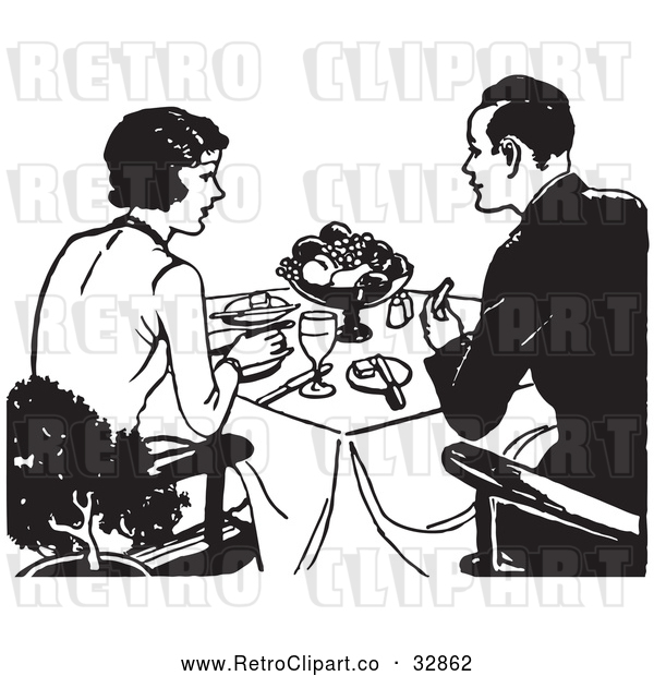 Vector Clip Art of Retro Couple Eating a Meal