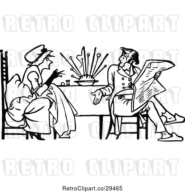 Vector Clip Art of Retro Couple Having a Discussion at a Table