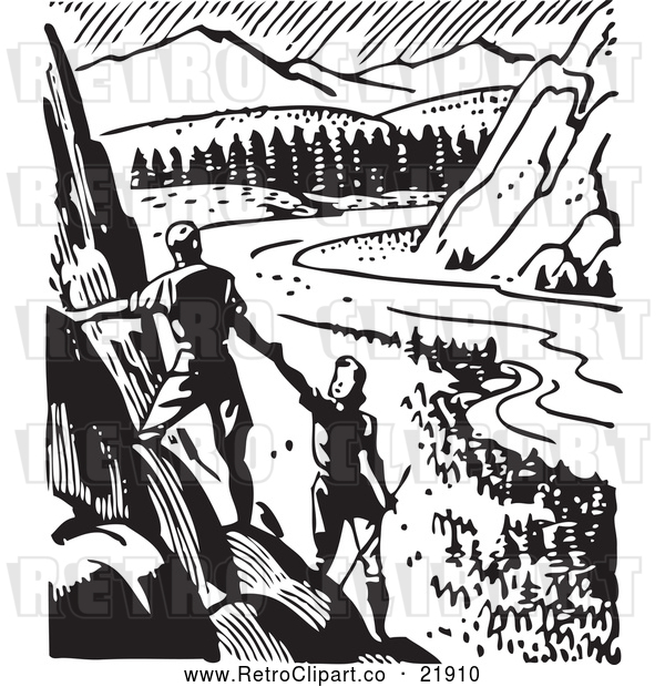 Vector Clip Art of Retro Couple Hiking and Viewing a Valley