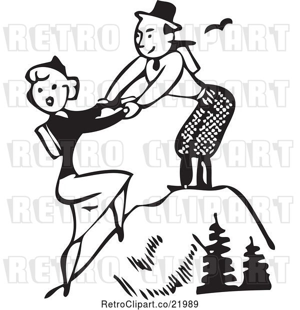 Vector Clip Art of Retro Couple Hiking to the Top of a Mountain