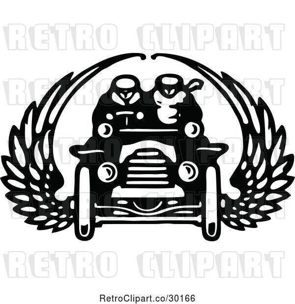 Vector Clip Art of Retro Couple in a Winged Car