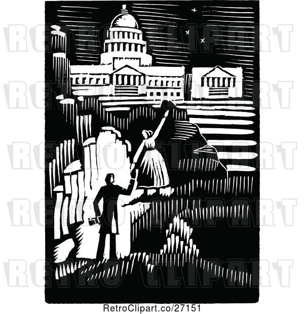 Vector Clip Art of Retro Couple Iwth Aspirations and a Capitol Building