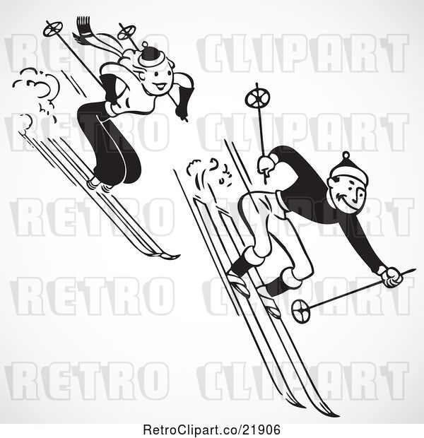 Vector Clip Art of Retro Couple Skiing Downhill