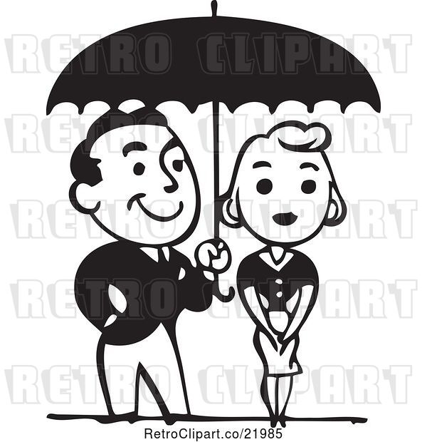 Vector Clip Art of Retro Couple Under an Umbrella