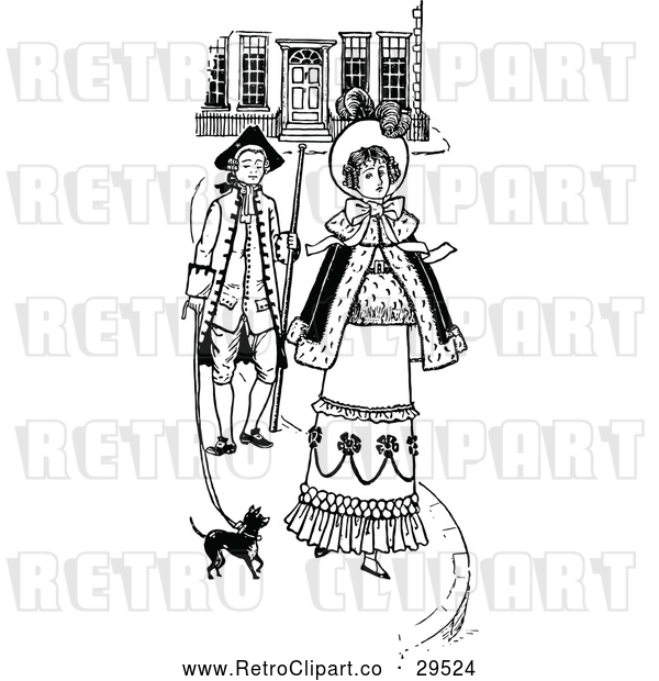 Vector Clip Art of Retro Couple Walking with a Dog