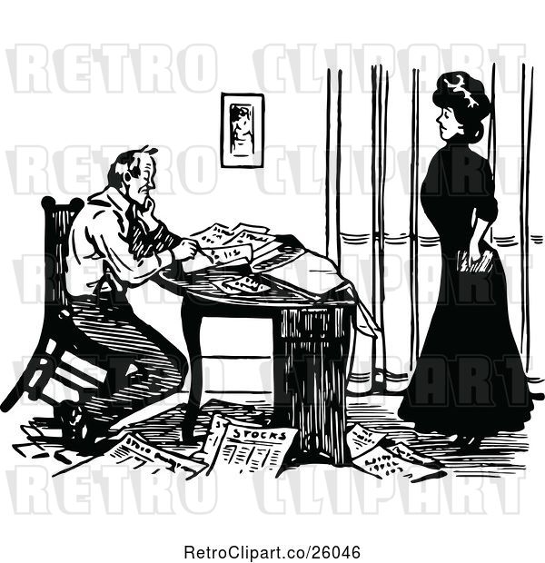 Vector Clip Art of Retro Couple with Papers at a Desk