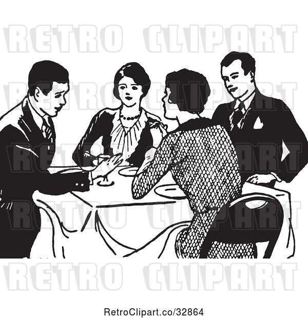 Vector Clip Art of Retro Couples Talking at a Dinner Table