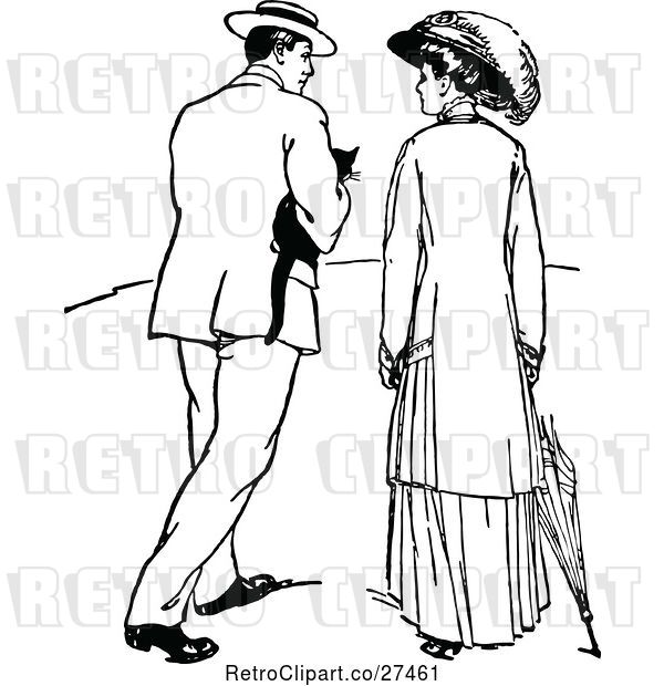 Vector Clip Art of Retro Courting Couple Strolling with a Cat