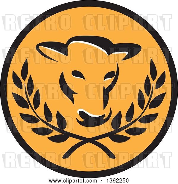 Vector Clip Art of Retro Cow Head and Laurel Branches in a Black and Orange Circle