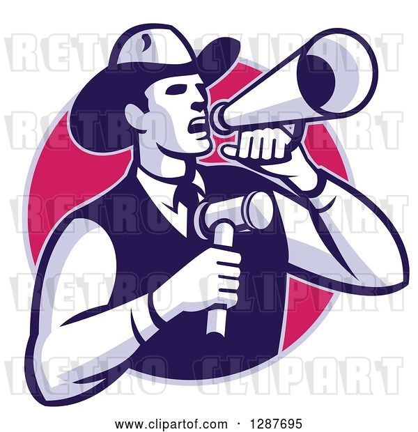 Vector Clip Art of Retro Cowboy Auctioneer Holding a Gavel and Shouting in a Bullhorn Megaphone, in a Purple and Pink Circle