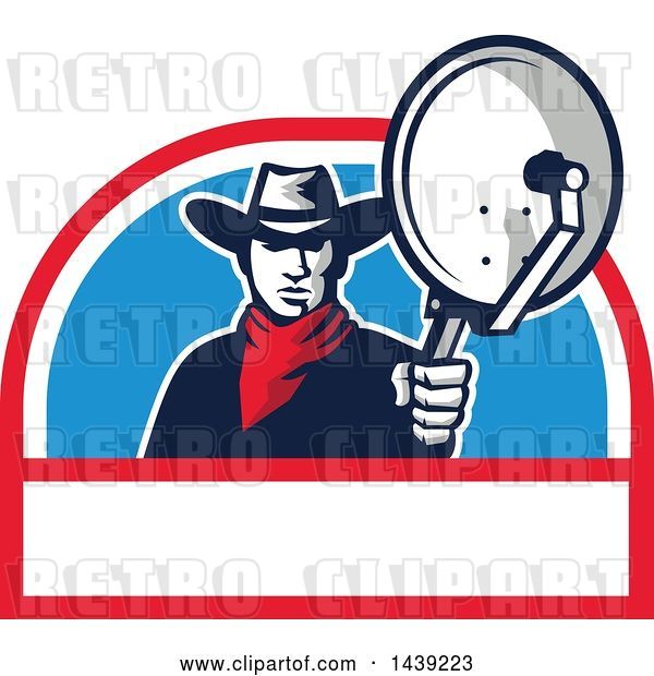 Vector Clip Art of Retro Cowboy Holding and Aiming a Satellite Dish in a Half Circle
