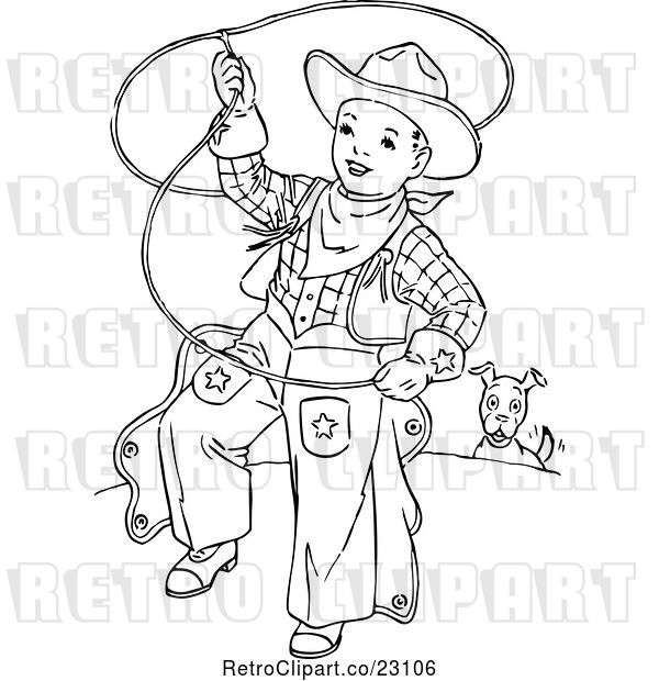 Vector Clip Art of Retro Cowboy Kid Swinging a Lariat