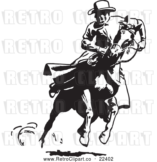 Vector Clip Art of Retro Cowboy Looking Back on a Running Horse