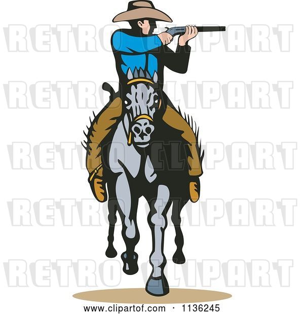 Vector Clip Art of Retro Cowboy Shooting on Horseback