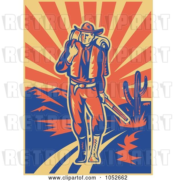 Vector Clip Art of Retro Cowboy Walking with a Pack and Rifle in a Desert