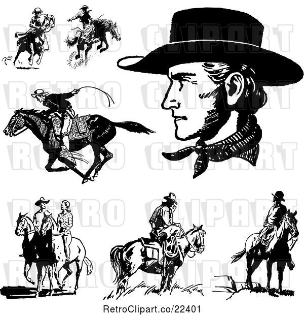 Vector Clip Art of Retro Cowboys Horses and a Couple