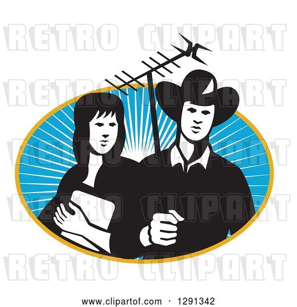 Vector Clip Art of Retro Cowgirl and Cowboy Holding a Tv Antennae in an Oval of Sunshine