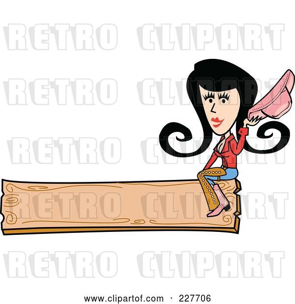 Vector Clip Art of Retro Cowgirl Lady Holding Her Hat and Sitting on a Blank Wooden Sign