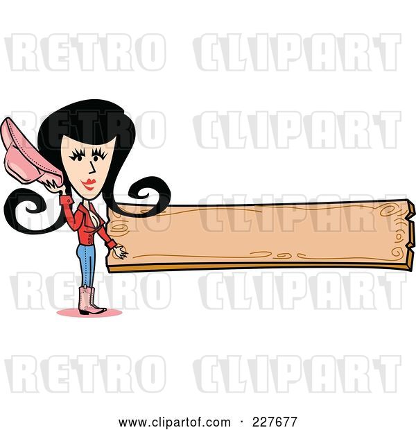 Vector Clip Art of Retro Cowgirl Lady Holding Her Hat and Standing by a Blank Wooden Sign