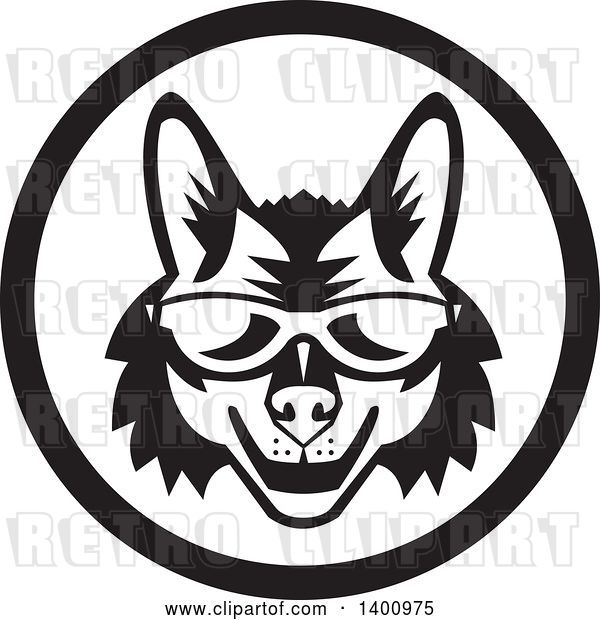 Vector Clip Art of Retro Coyote Face Wearing Sunglasses in a Circle